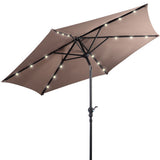 Beige patio umbrella with LED lights on a white background