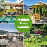 Collage of outdoor settings including a poolside, yard, street, and garden with furniture.