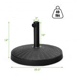 Black patio umbrella base with measurements and weight indicator on a white background