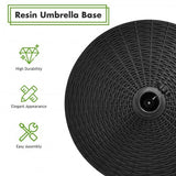 Black resin umbrella base with durability, appearance, and assembly icons on a white background