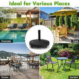 Collage of outdoor settings including poolside, yard, street, and garden with a central focus on a patio umbrella stand.