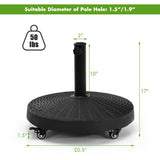 Black patio umbrella base with measurements and weight capacity on a white background