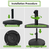 Step-by-step installation guide for an umbrella stand with arrows and text labels.