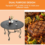 Round outdoor table with wine bottles and glasses on one side, and a grill with food on the other, with text about dual purpose design.