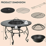 Outdoor fire pit table with dimensions and weight labels on a beige background
