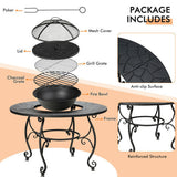 Fire pit table with components labeled on a beige background