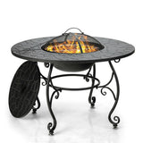 Black metal fire pit table with flames on a white background