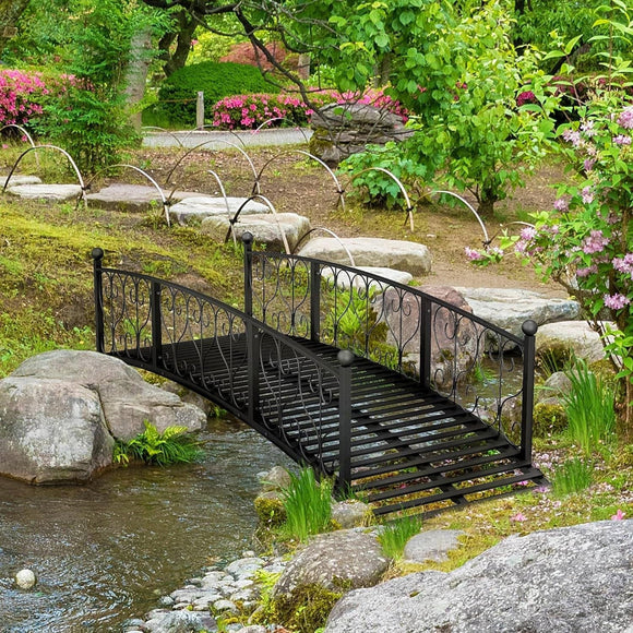 Outdoor Black Metal Arch 7-ft Garden Bridge with Side-Rails - FREE SHIPPING