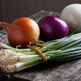 Onions and green onions on a wooden surface