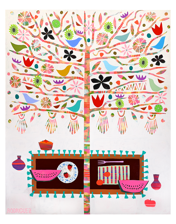 Colorful abstract design with trees, birds, and geometric shapes on a white background OPEN INVITATION PRINT