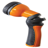 Orange and black garden hose spray nozzle on a white background