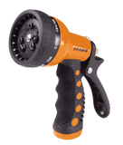 Gardening spray gun with orange and black design on a white background