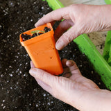 Person holding an orange seedling pot with a small plant over soil