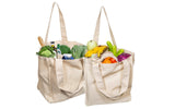 Two beige tote bags filled with groceries on a white background