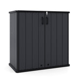 Black outdoor storage cabinet with two doors on a white background