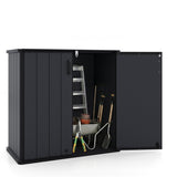 Black outdoor storage shed with tools inside on a white background