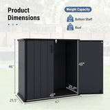 Black storage shed with dimensions and weight capacity information on a light gray background