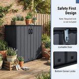 Outdoor storage shed with lockable door and bottom corner locks, surrounded by potted plants.