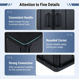 Black storage bin with features highlighted on a blue background