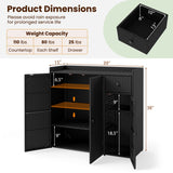 Product dimensions diagram for a black wicker-style storage cabinet with doors open, showing measurements for height, width, and shelf depth, plus a small inset of the cabinet top and a weight capacity table.