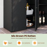 A dark brown wicker-style storage cabinet shown open, with wine bottles and cups inside. The image includes a text banner at the bottom reading 'Mix Brown PE Rattan' with feature icons for elegant, sun-protection, and hand-woven quality.