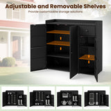 Black wicker-style outdoor storage cabinet with two open doors, three removable shelves, and a single drawer, shown with text reading 'Adjustable and Removable Shelves' and small inset images of storage solutions below.