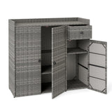 Gray wicker-style storage cabinet with two doors open, showing shelves and a top drawer, photographed on a plain white background.