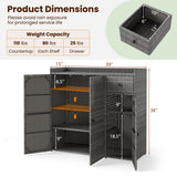 Product dimensions diagram for a dark gray wicker-style storage cabinet with two doors open, showing interior shelving and drawer space. The image includes a weight capacity table, a small inset view of the cabinet interior, and dimension labels for width, height, and shelf depth.