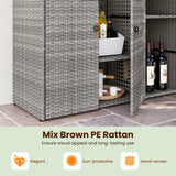 Gray wicker outdoor storage cabinet with a sliding door and open shelving, shown holding bottles and dishes. Text at the bottom reads 'Mix Brown PE Rattan' with feature icons for elegant, sun-protection, and hand-woven quality.