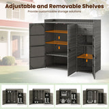 A dark gray wicker-style outdoor storage cabinet with open doors and multiple adjustable shelves, shown in front of a blurred house and lawn background. Orange arrows point to shelves, and the top text reads 'Adjustable and Removable Shelves.