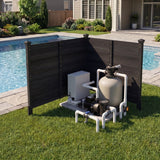 Pool pump and filtration system with wooden cover by a pool