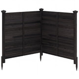 A four-panel corner garden fence made of dark weathered wood planks, featuring pointed stakes at the bottom and decorative finials on the top posts, shown against a plain white background.