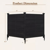 Black outdoor privacy screen with dimensions on a beige background