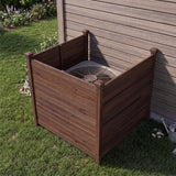 Wooden air conditioning unit cover on grass next to a wooden wall