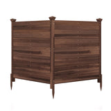 A dark brown wooden garden fence panel with metal corner brackets and pointed stakes, shown on a plain white background.