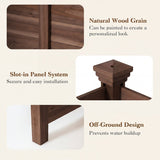 Four-panel product feature graphic for a dark brown wooden outdoor furniture base or pedestal, showing natural wood grain, slot-in panel system, off-ground design leg, and secure installation benefits on a light beige background.