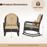 Product dimensions diagram showing a black wicker outdoor armchair and matching rocking chair with beige cushions, including measurements for width, height, and depth, plus a weight capacity badge indicating 400 lbs.