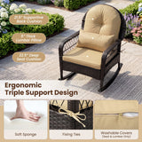 A dark brown wicker rocking chair with beige cushions, shown on a patio with callout labels pointing to the back cushion, lumbar pillow, and seat cushion. The image includes feature callouts and small inset detail photos at the bottom.