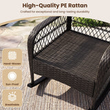 Dark brown woven PE rattan outdoor chair shown on a patio with informational text and feature icons on the left.
