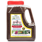 Plantskydd animal repellent granules in a clear container with a red lid on a white background
