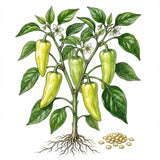 Illustration of a green pepper plant with fruits and roots on a white background PEPPER Seeds, Cubanelle