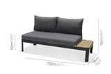 Outdoor sofa with cushions and dimensions on a white background