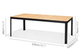 Rectangular table with wooden top and black metal frame, shown with dimensions on a white background.