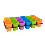 Colorful seedling trays with a black tray holder on a white background 3.3" Heavy Duty Seed Starting Pots with Inserts