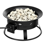 Black portable fire pit with stones on a white background