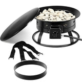 Portable campfire pit with rocks, lid, and straps on a white background