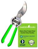 Garden shears with green handles and 'Garden Guru' branding on a white background