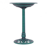 Decorative green bird bath with pedestal base on a white background