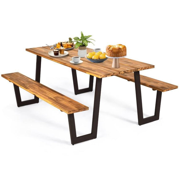 Modern Wooden Picnic Table with 2 Benches Outdoor Patio Dining Set - FREE SHIPPING