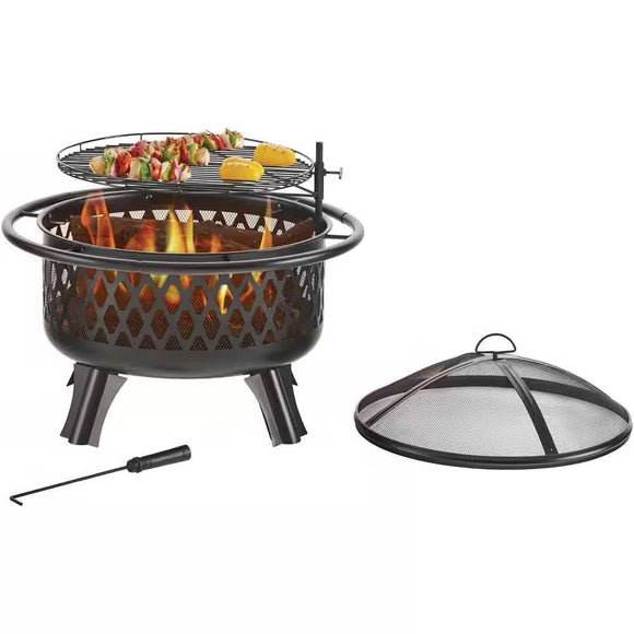 30-inch Black Steel Outdoor Fire Pit Grill with Screen and Poker - FREE SHIPPING
